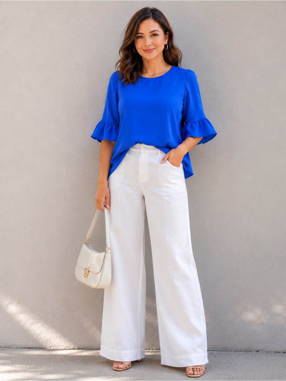 Zara Cobalt Blue Ruffle Bell Sleeve Blouse | Flowy Round Neck Top Lightweight - Picture 3 of 10
